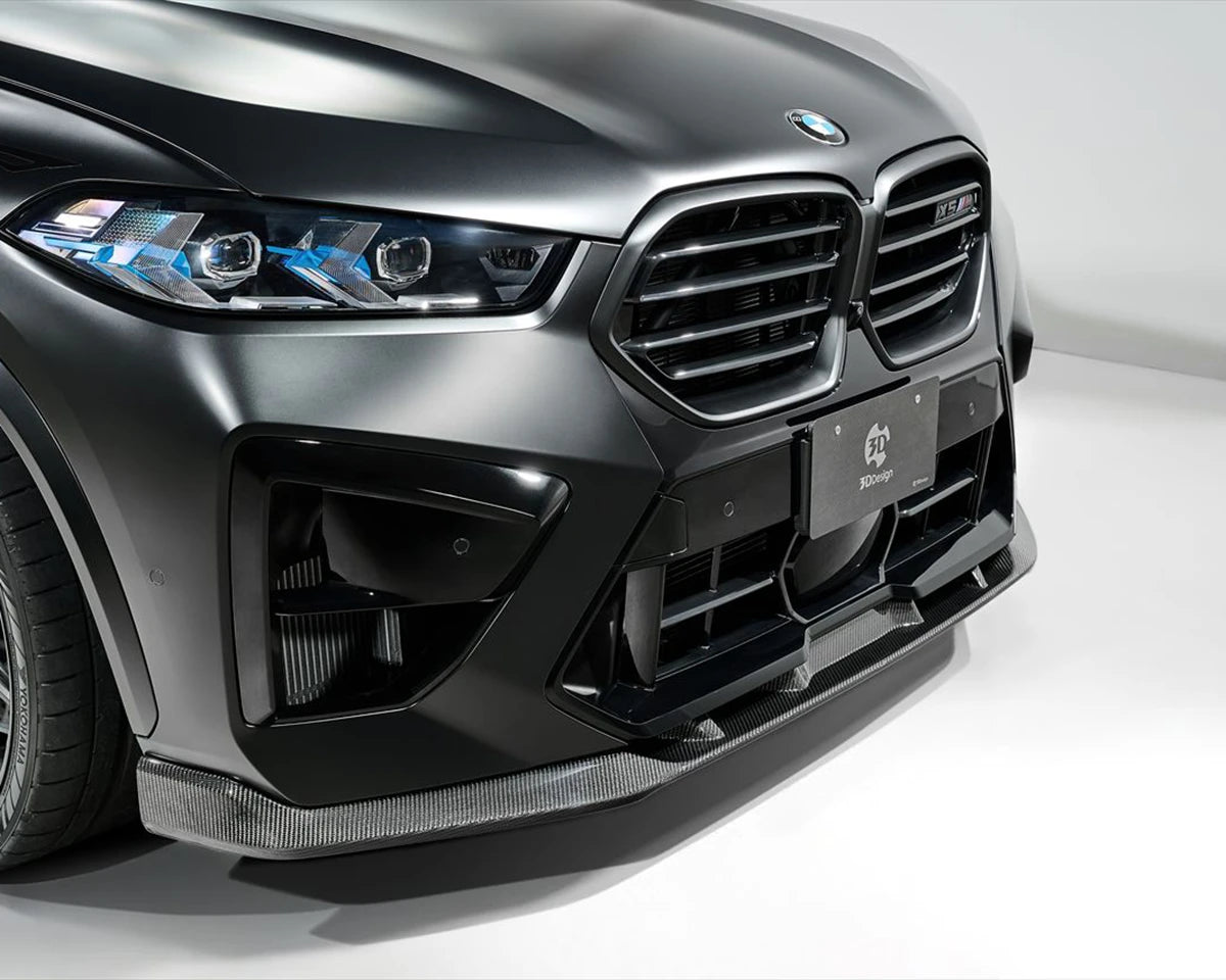 Close-up of the dry carbon weave on the front lip spoiler for BMW X5M LCI