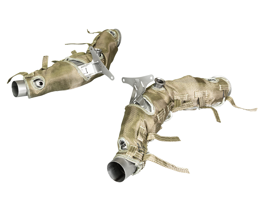 IPE Catpipes for the Ferrari F8 Tributo with catalytic converters or without to have a straight pipe. These come complete with heat blanket.