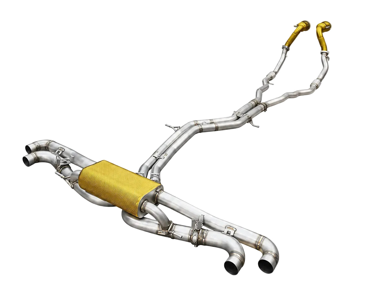 Complete iPE stainless steel exhaust system for the Lamborghini Urus SE shown from an angled view