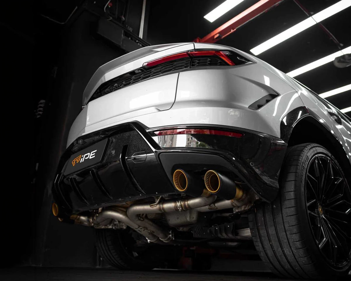 iPE full exhaust system installed underneath a Lamborghini Urus SE