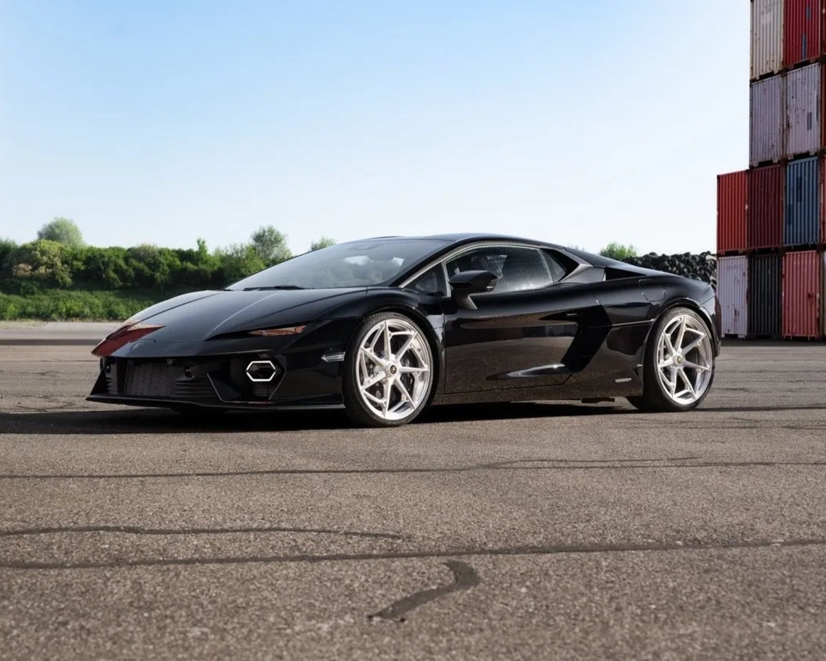 Black Lamborghini Temerario on silver NOVITEC NL7 forged wheels, side rear view