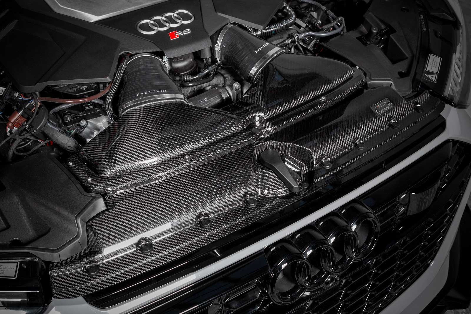 audi rs6 c8 eventuri intake installed in the engine bay