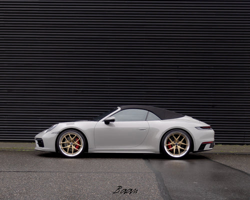 HRE S101SC 
Porsche 992 Cabriolet
Vehicle Model: 992

Finish: Frozen Polished Gold Center || Polished Clear FMR Barrel
Size: 21x9.5" || 22"x13"
Tires: Michelin Pilot Sport 4S
Tire Size: 255/30/21 || 335/25/22
IPE Full Exhaust