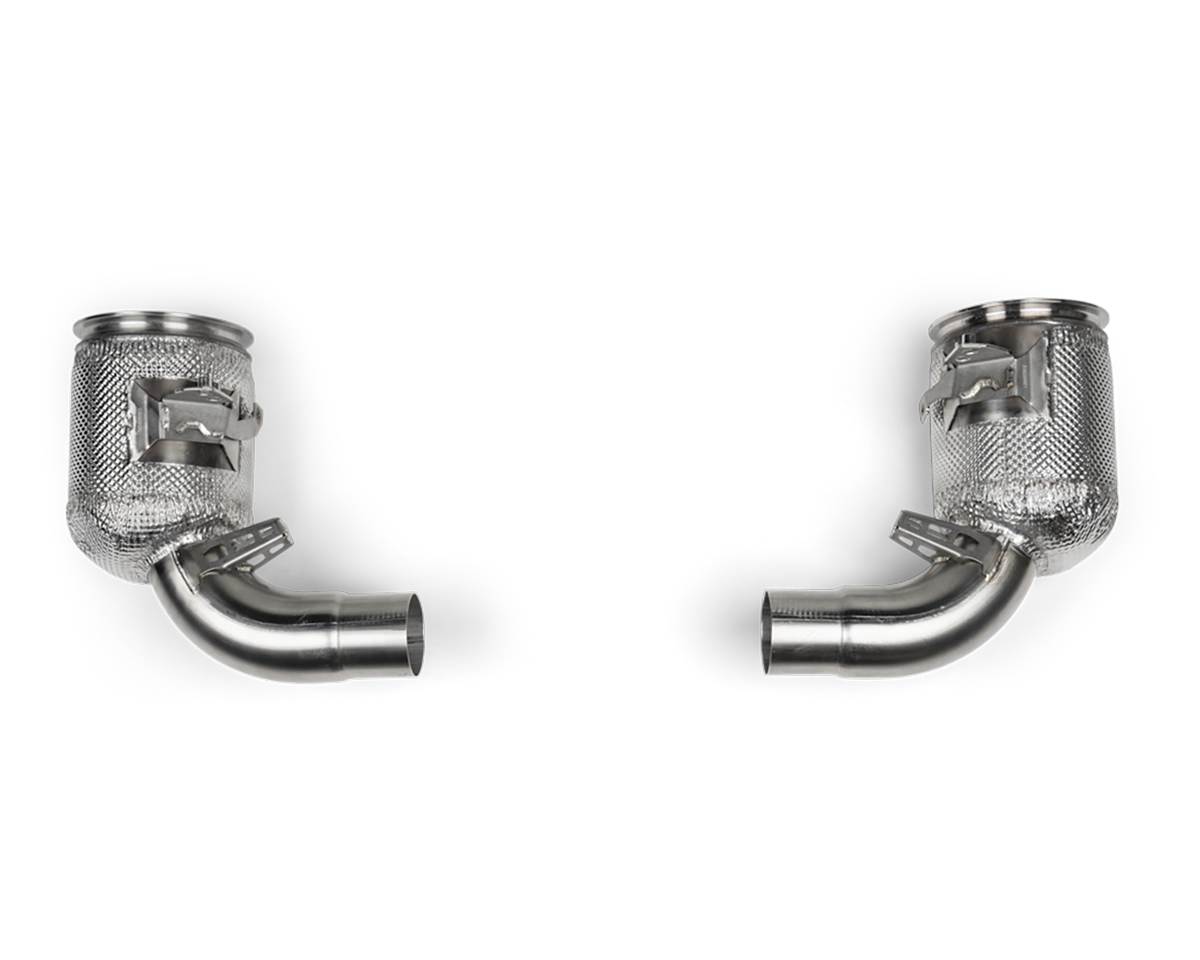 Akrapovič catalytic link pipes installed on Porsche 911 992.2