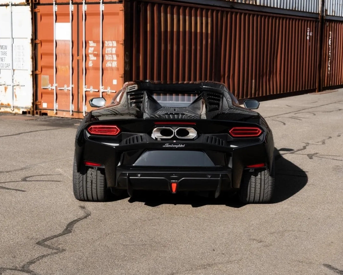 Rear view of a black Lamborghini Temerario with NOVITEC exhaust system