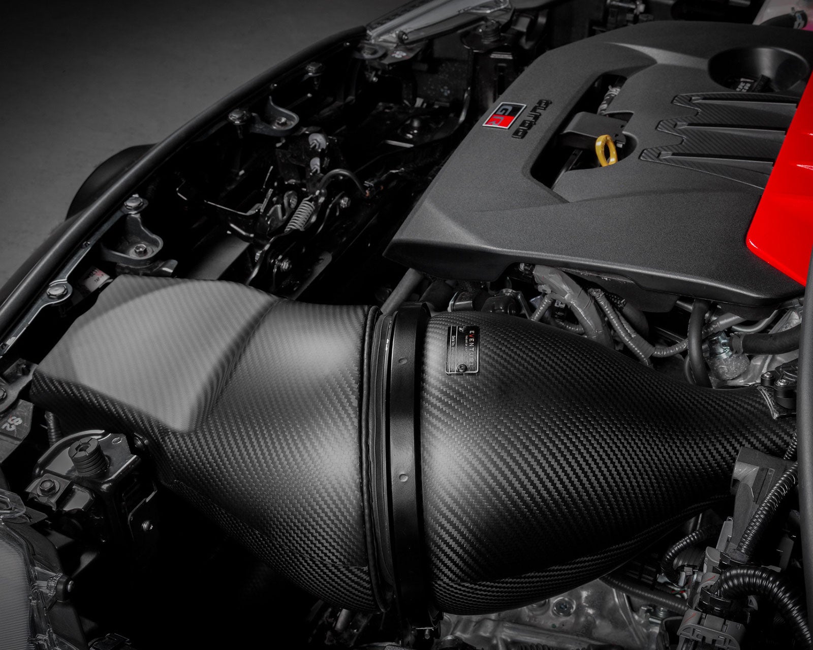 Eventuri Carbon Intake Toyota Yaris GR engine bay with the carbon in a satin matte finish